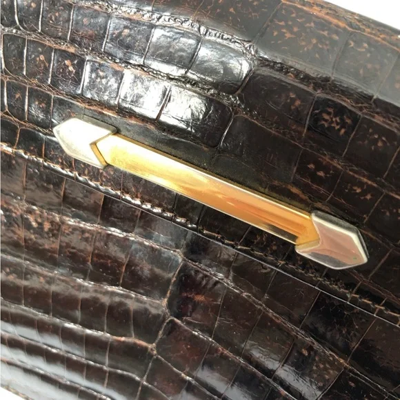 1960's dark brown alligator skin leather Clutch Mini gold color chain strap